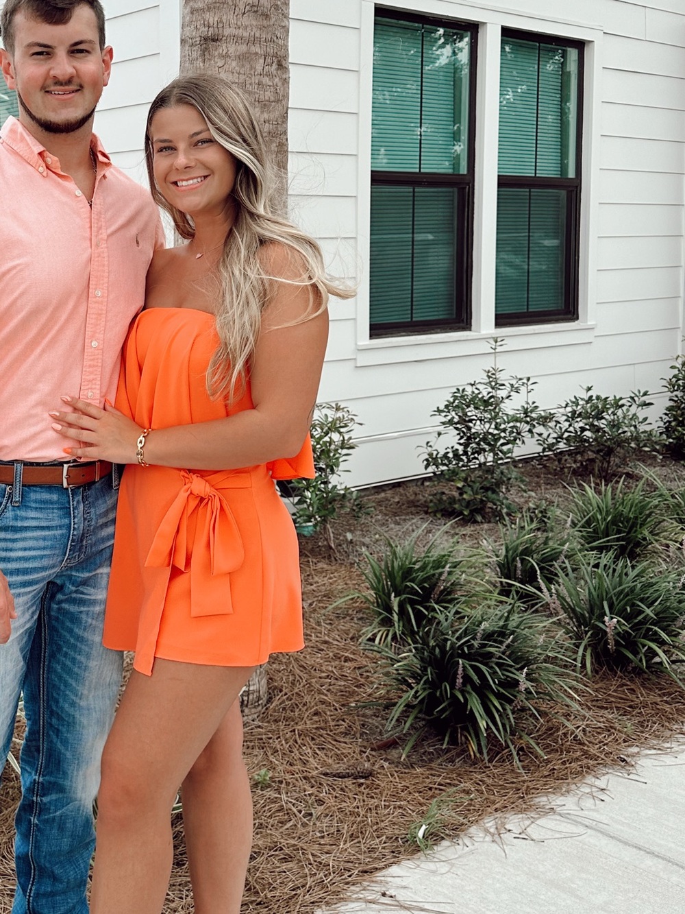Coral Orange Ruffle Tie-Detail Strapless Romper